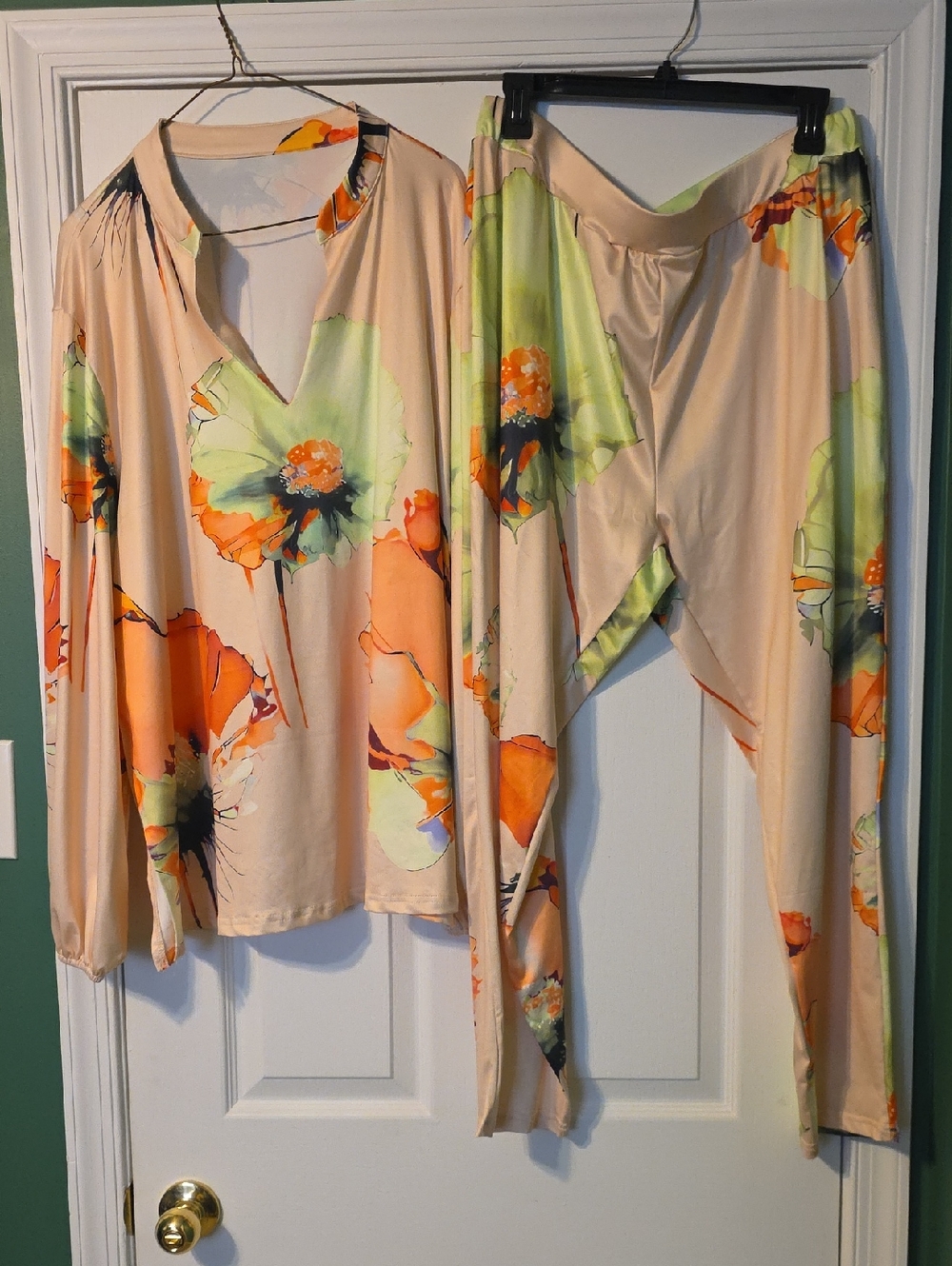SHEIN Beige Floral Blouse and Pants Set with Orange and Lime Accents